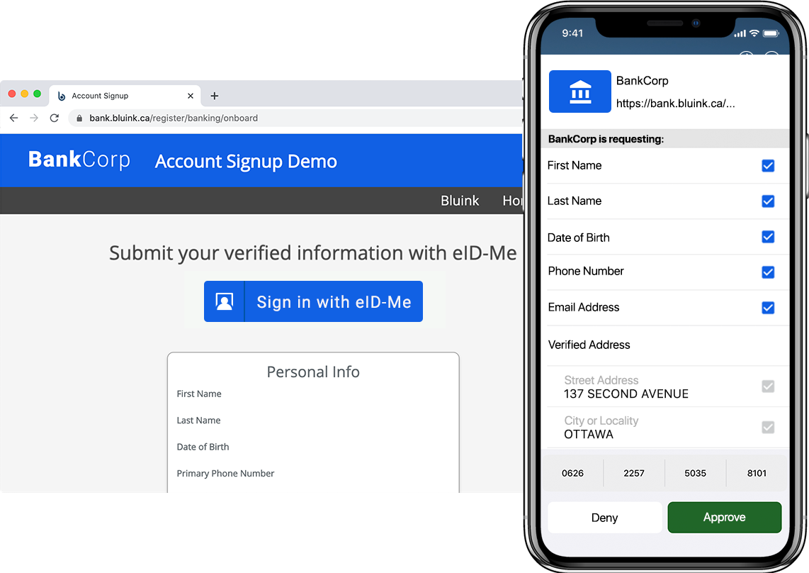 A bank website and a smartphone with ID information.