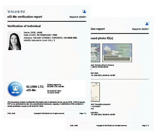 An eID-Me easyKYC identity verification report with ID information and ID card scans.