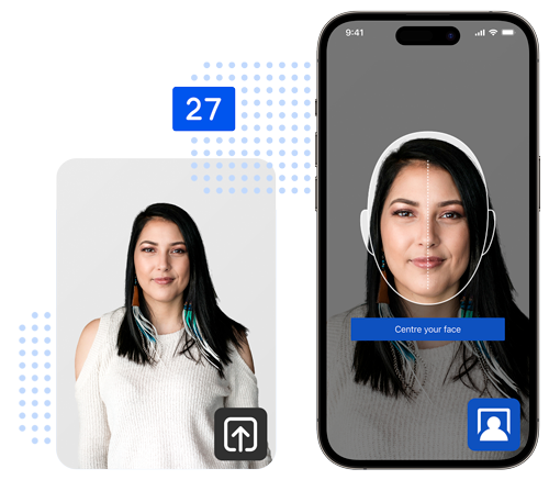 A portrait photo upload and a mobile phone taking a selfie photo with fraud detection.